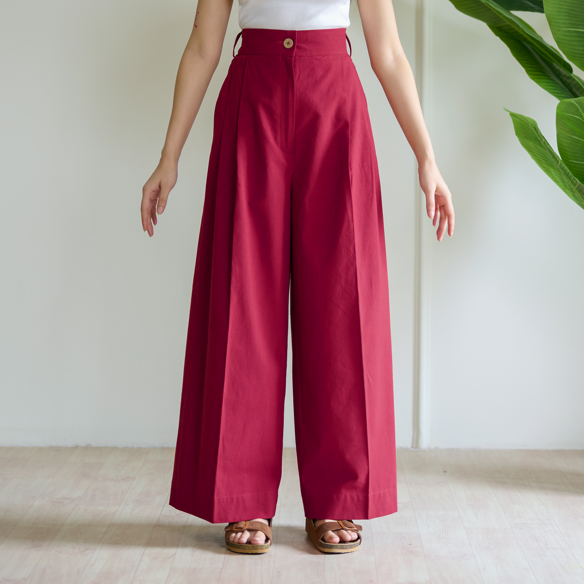 High Waist Pleated Cotton Trousers - Fuschia