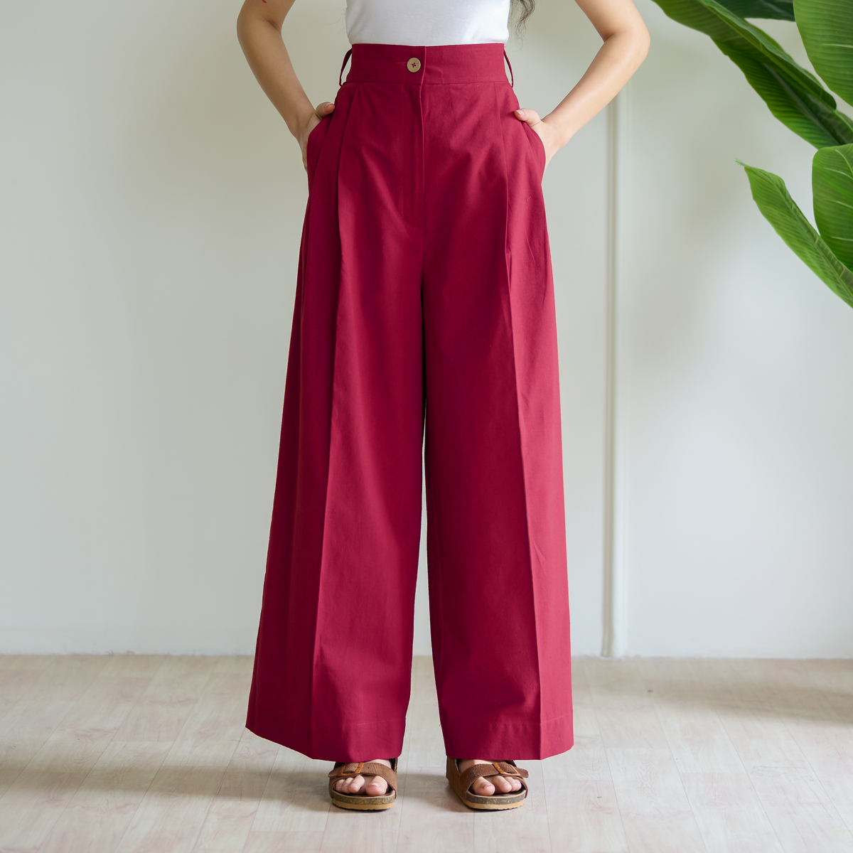 High Waist Pleated Cotton Trousers - Fuschia