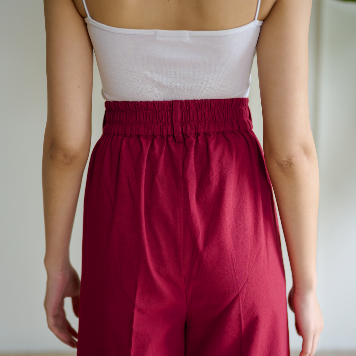 High Waist Pleated Cotton Trousers - Fuschia