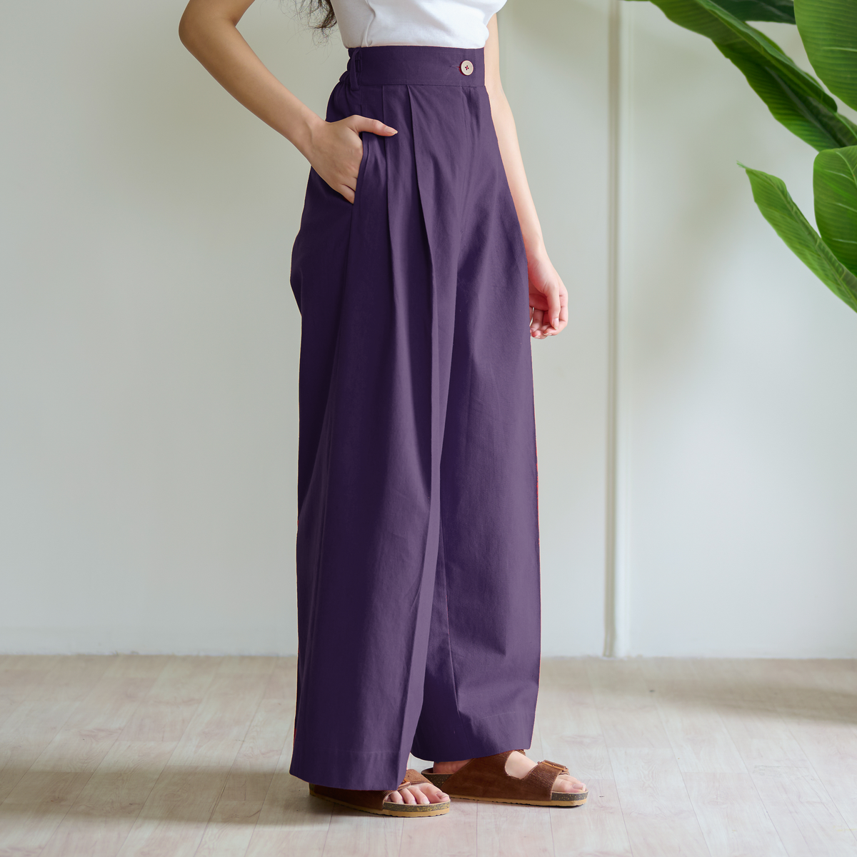 High Waist Pleated Cotton Trousers - Violet
