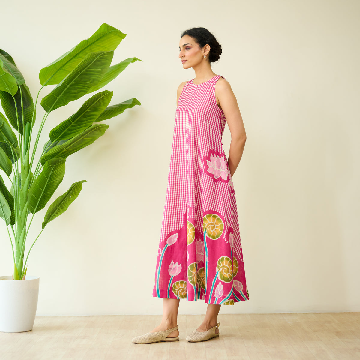 Mrinal Slub Cotton Summer Dress - Magenta