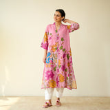 Vrinda Hand Embroidered Kota Doria Cotton Kurta - Pink