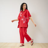 Dahlia Statement Embroidered Cotton Co-ord Set - Red