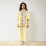 Flounce Sleeved Embroidered Slub Cotton Co-ord Set - Mango Yellow