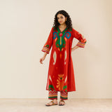 Loomlight Slub Cotton Ikat Inspired Kurta Set - Rust