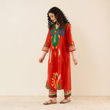 Loomlight Slub Cotton Ikat Inspired Kurta Set - Rust