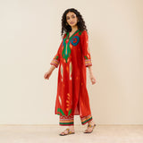 Loomlight Slub Cotton Ikat Inspired Kurta Set - Rust