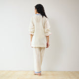 Flounce Sleeved Embroidered Slub Cotton Co-ord Set - White