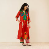 Loomlight Slub Cotton Ikat Inspired Kurta Set - Rust