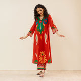 Loomlight Slub Cotton Ikat Inspired Kurta Set - Rust