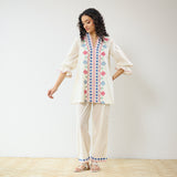 Flounce Sleeved Embroidered Slub Cotton Co-ord Set - White