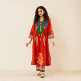 Loomlight Slub Cotton Ikat Inspired Kurta Set - Rust
