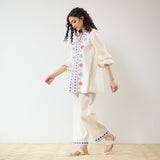 Flounce Sleeved Embroidered Slub Cotton Co-ord Set - White