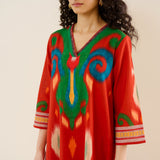 Loomlight Slub Cotton Ikat Inspired Kurta Set - Rust