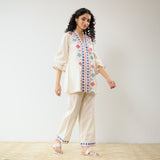Flounce Sleeved Embroidered Slub Cotton Co-ord Set - White