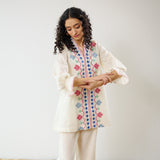 Flounce Sleeved Embroidered Slub Cotton Co-ord Set - White