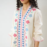 Flounce Sleeved Embroidered Slub Cotton Co-ord Set - White