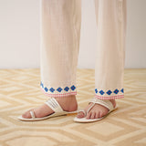 Flounce Sleeved Embroidered Slub Cotton Co-ord Set - White