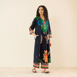Loomlight Slub Cotton Ikat Inspired Kurta Set - Black