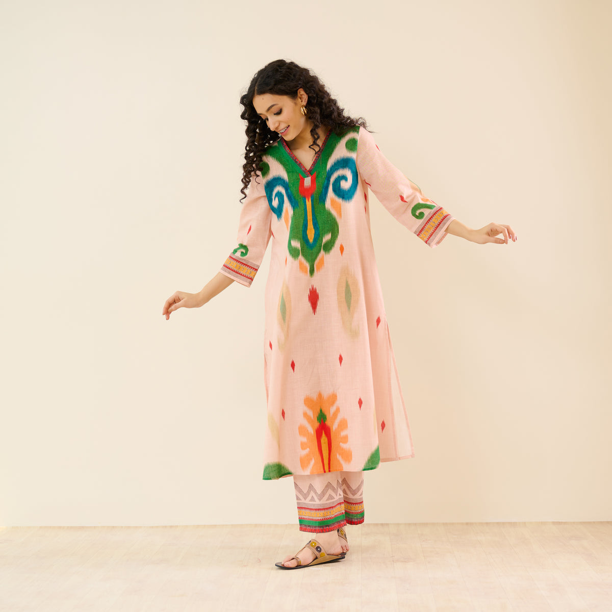 Loomlight Slub Cotton Ikat Inspired Kurta Set - Peach