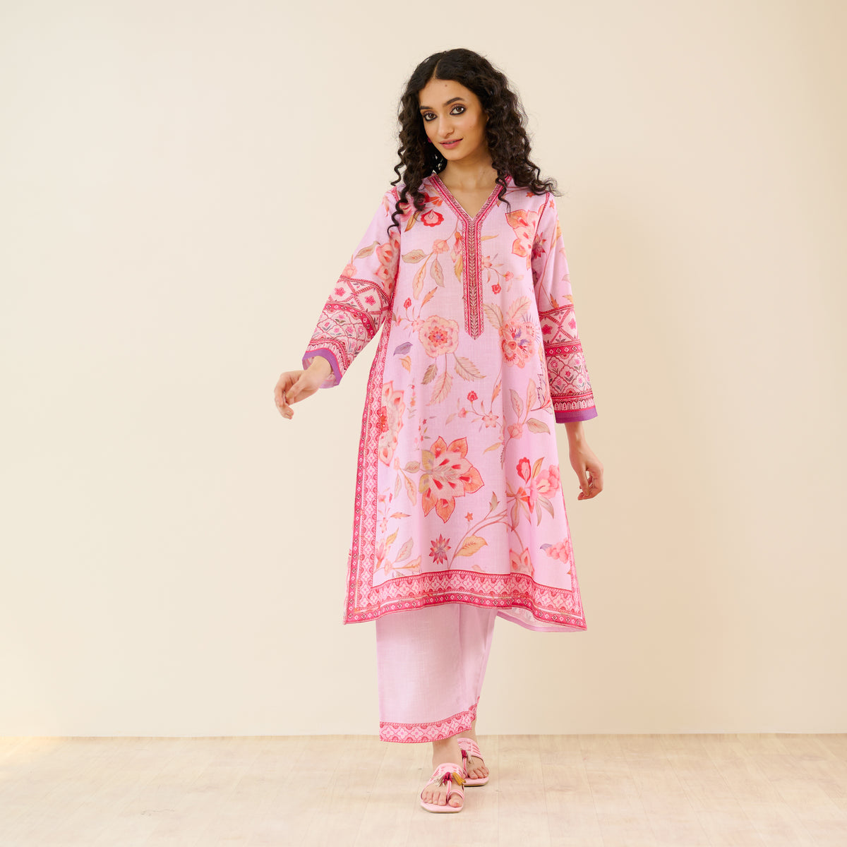 In Full Bloom Slub Cotton Kurta Set - Lavender
