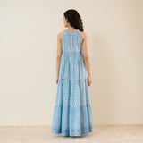 Sanganeri Cotton Tiered Dress - Sky Blue