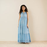 Sanganeri Cotton Tiered Dress - Sky Blue
