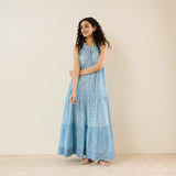 Sanganeri Cotton Tiered Dress - Sky Blue