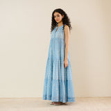 Sanganeri Cotton Tiered Dress - Sky Blue
