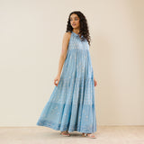 Sanganeri Cotton Tiered Dress - Sky Blue