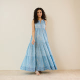 Sanganeri Cotton Tiered Dress - Sky Blue