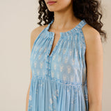 Sanganeri Cotton Tiered Dress - Sky Blue