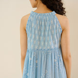 Sanganeri Cotton Tiered Dress - Sky Blue