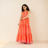 Sanganeri Cotton Tiered Dress - Coral