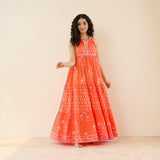 Sanganeri Cotton Tiered Dress - Coral
