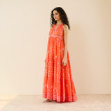 Sanganeri Cotton Tiered Dress - Coral