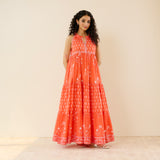 Sanganeri Cotton Tiered Dress - Coral