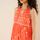 Sanganeri Cotton Tiered Dress - Coral