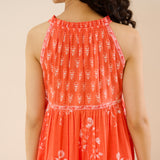 Sanganeri Cotton Tiered Dress - Coral