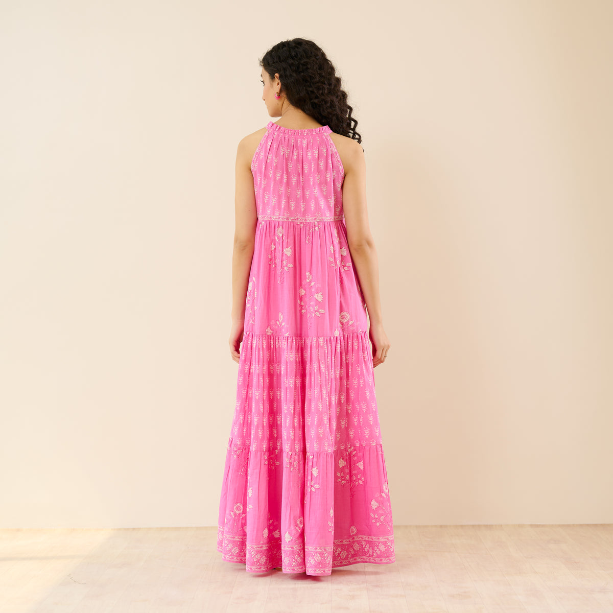 Sanganeri Cotton Tiered Dress - Baby Pink