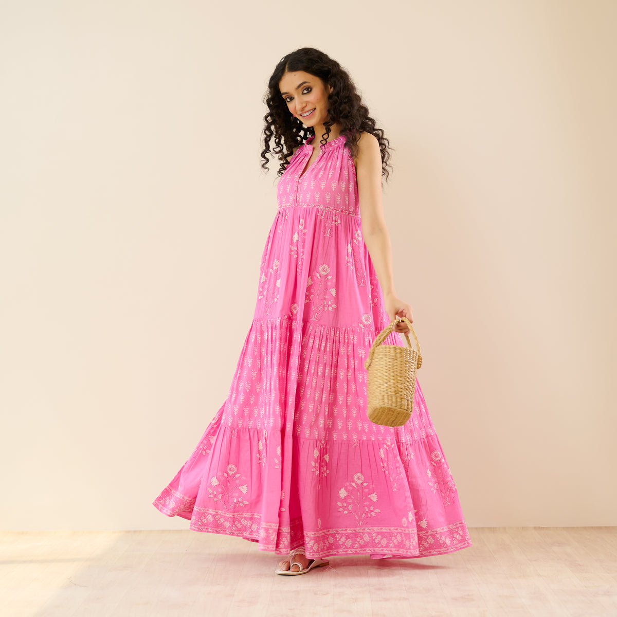 Sanganeri Cotton Tiered Dress - Baby Pink