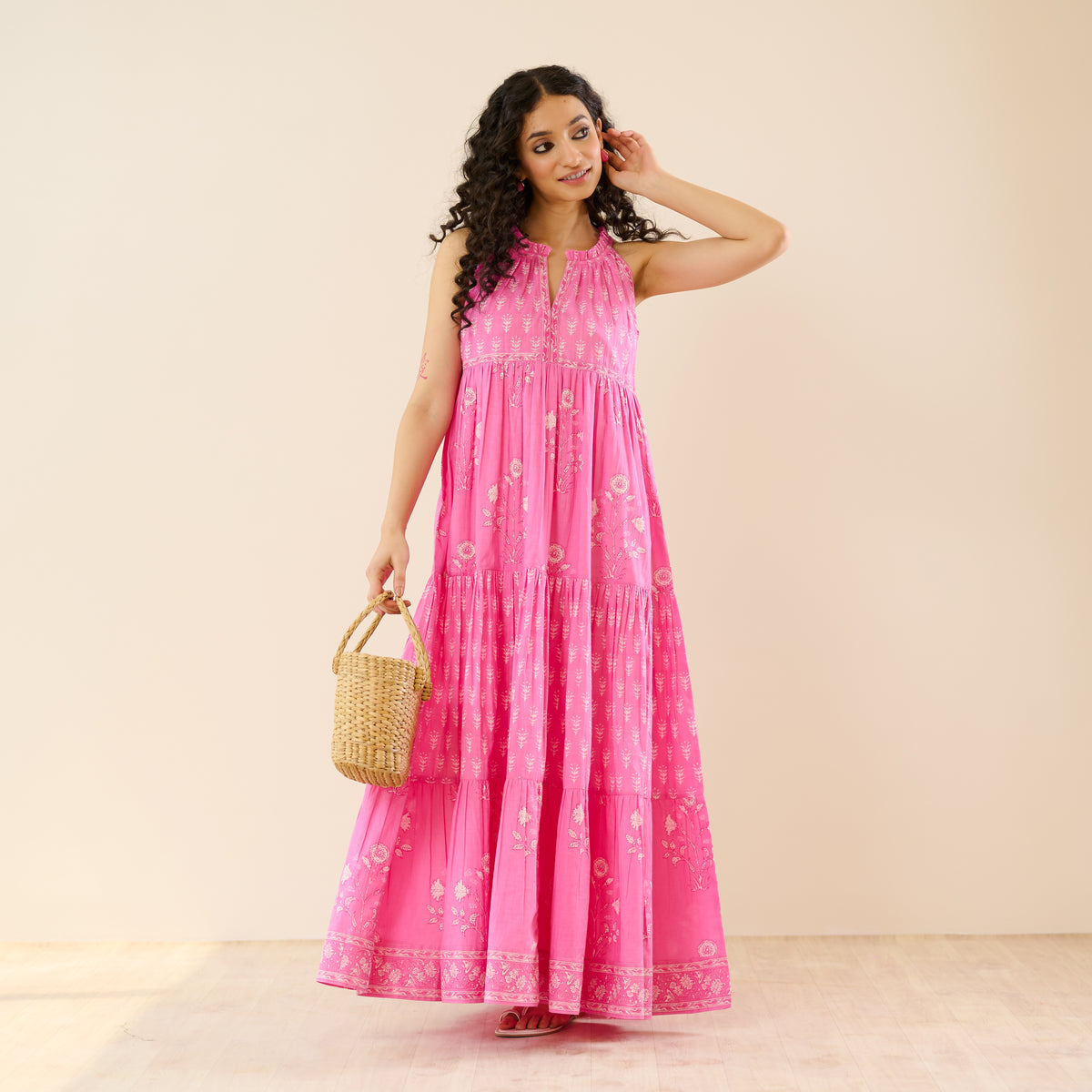 Sanganeri Cotton Tiered Dress - Baby Pink