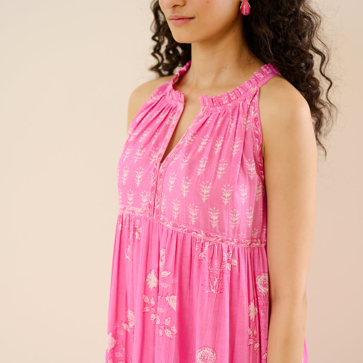 Sanganeri Cotton Tiered Dress - Baby Pink