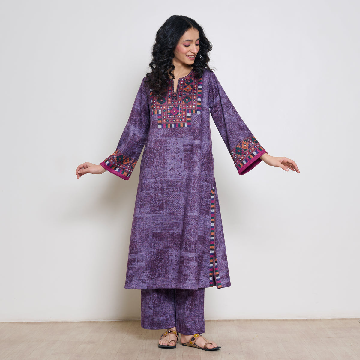 Banjara Woollen Hand Embroidered Kurta - Cherry Lacquer