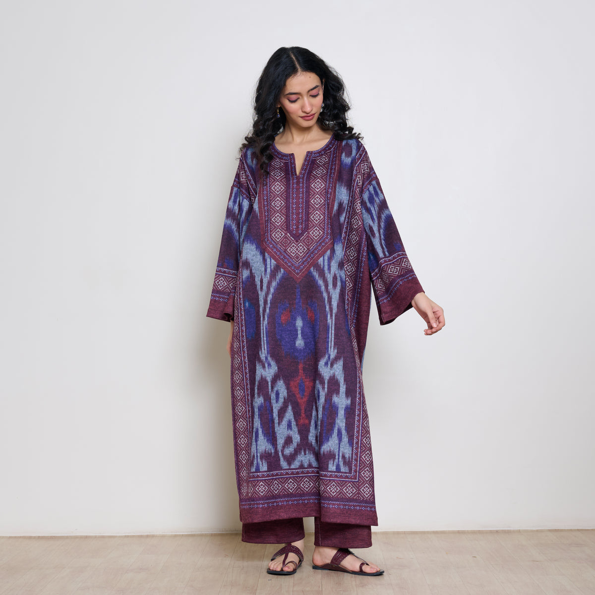 Murmur Woollen Hand Embroidered Long Kurta - Cherry Lacquer