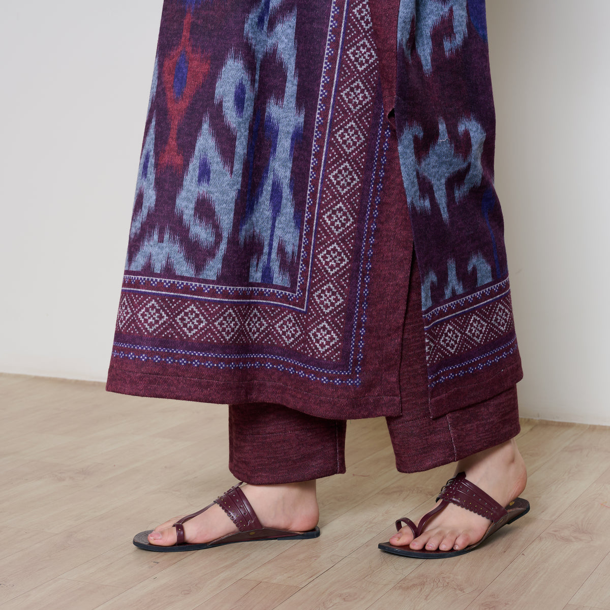 Murmur Woollen Hand Embroidered Long Kurta - Cherry Lacquer