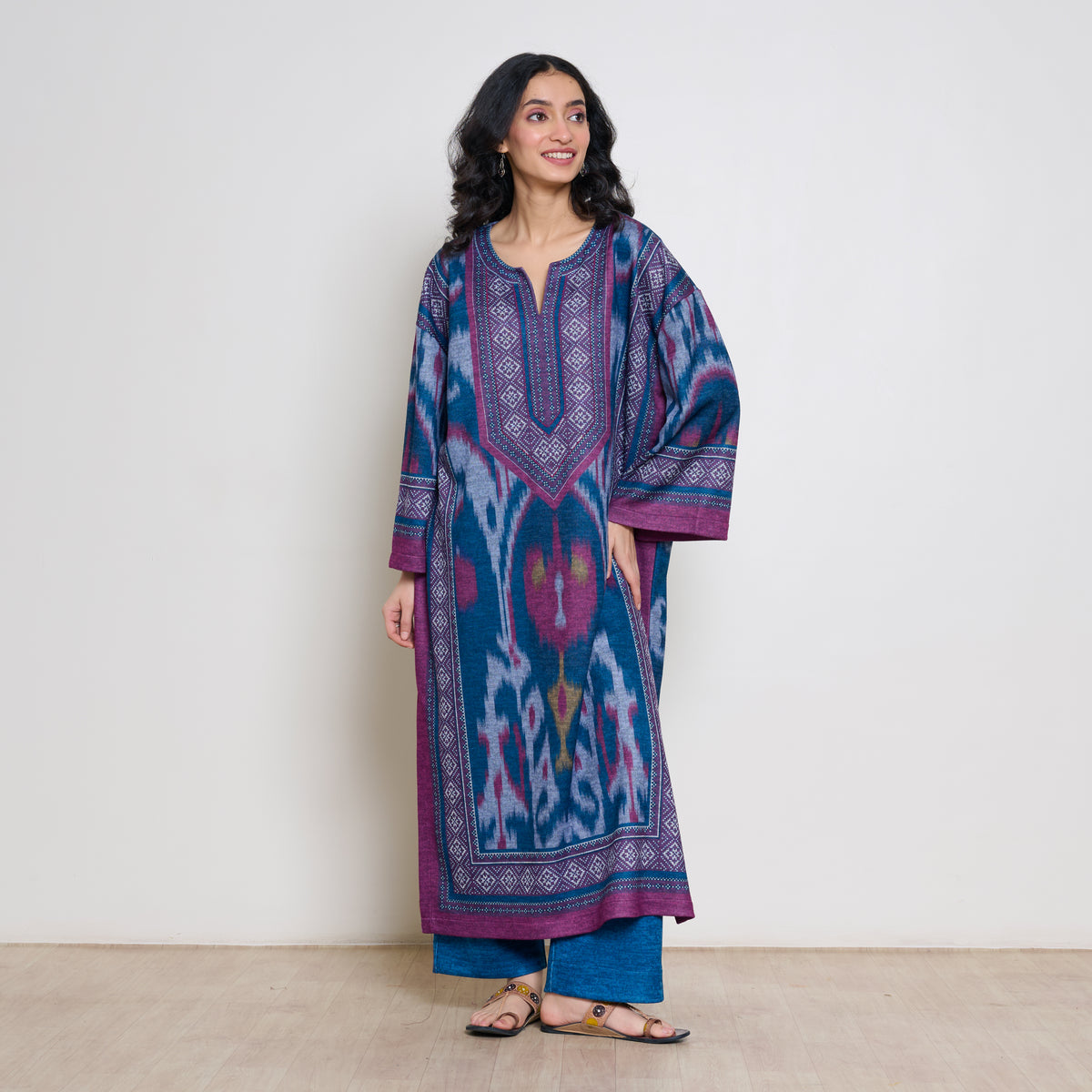 Murmur Woollen Hand Embroidered Long Kurta - Transformative Teal