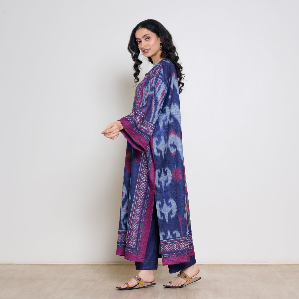 Murmur Woollen Hand Embroidered Long Kurta - Violet
