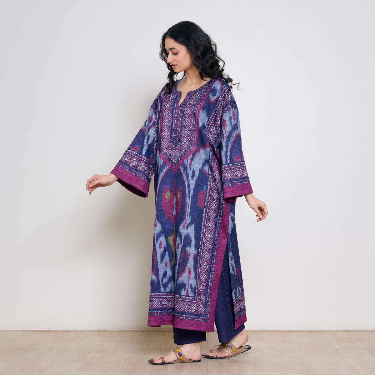 Murmur Woollen Hand Embroidered Long Kurta - Violet