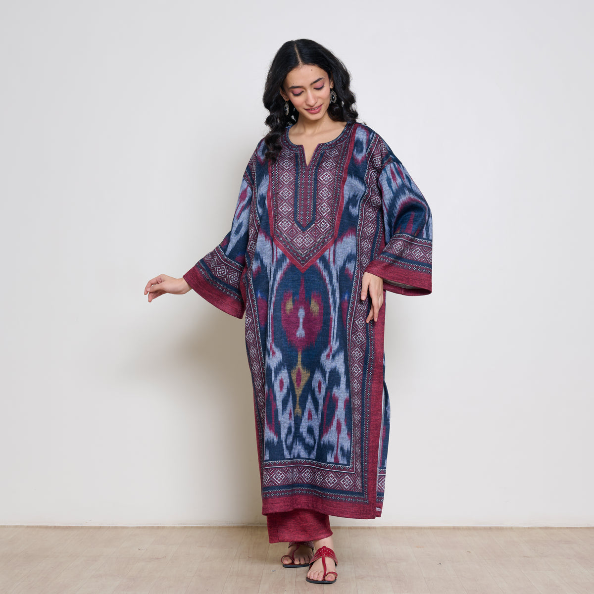 Murmur Woollen Hand Embroidered Long Kurta - Black